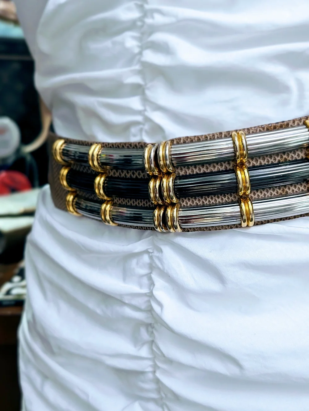 Judith Leiber Black and Gold Lizard-Trim Buckle Belt